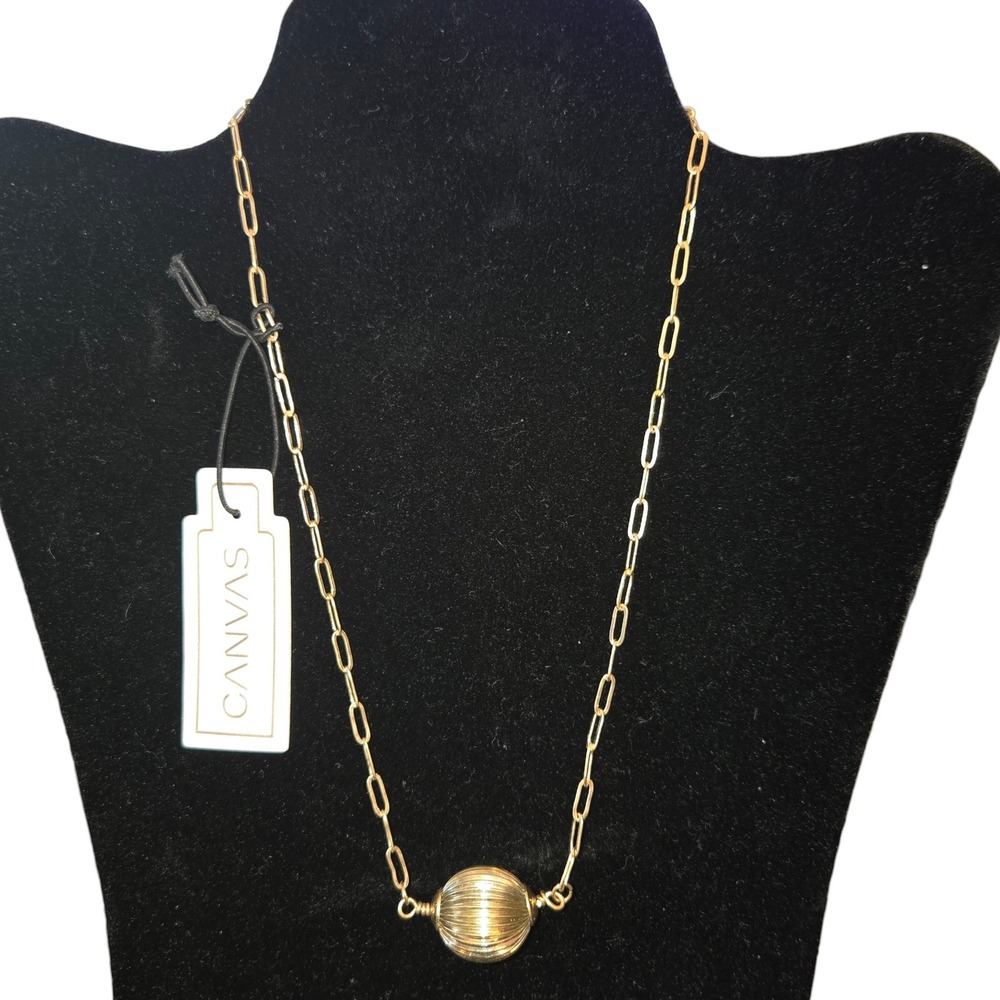 Canvas Gold Tone Paperclip‎ Chain Necklace with Central Ribbed Orb Pendant NWT